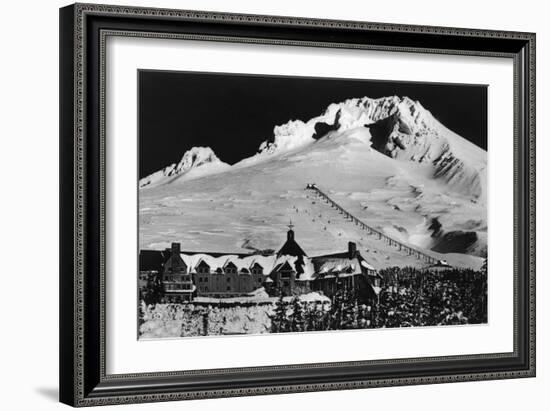 Aerial View of Timberline Lodge and Ski Lift - Mt. Hood, OR-Lantern Press-Framed Art Print