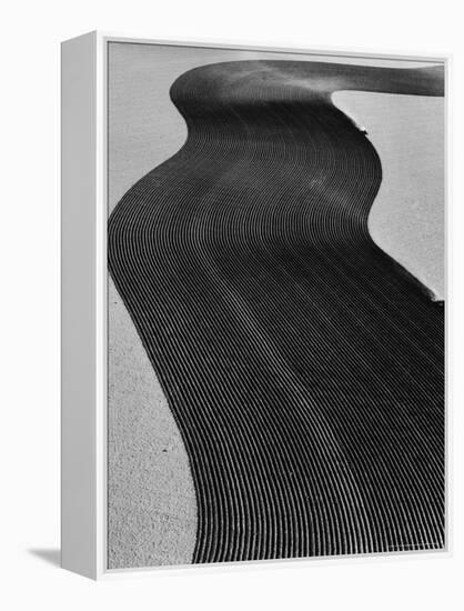 Aerial View of Two Tractors in Field Plowing Furrows in Methods Called "Listing" and "Contouring"-Margaret Bourke-White-Framed Premier Image Canvas