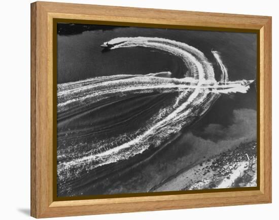 Aerial View of Waterskiers and Motorboats Speeding across the Pacific Ocean at Marine Stadium-Margaret Bourke-White-Framed Premier Image Canvas