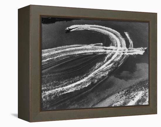 Aerial View of Waterskiers and Motorboats Speeding across the Pacific Ocean at Marine Stadium-Margaret Bourke-White-Framed Premier Image Canvas