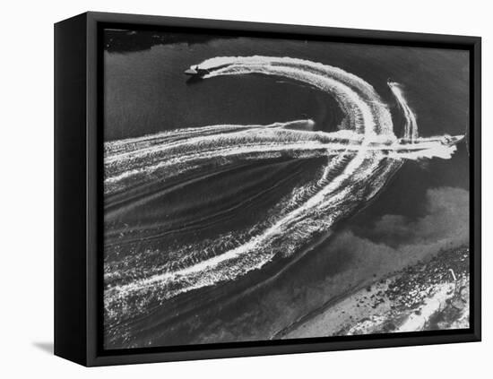 Aerial View of Waterskiers and Motorboats Speeding across the Pacific Ocean at Marine Stadium-Margaret Bourke-White-Framed Premier Image Canvas