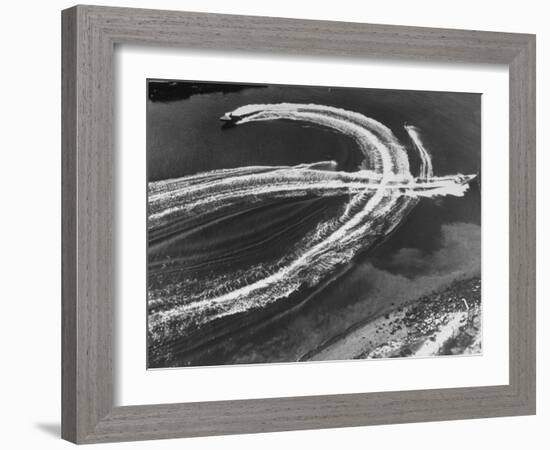 Aerial View of Waterskiers and Motorboats Speeding across the Pacific Ocean at Marine Stadium-Margaret Bourke-White-Framed Photographic Print