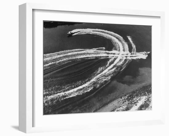 Aerial View of Waterskiers and Motorboats Speeding across the Pacific Ocean at Marine Stadium-Margaret Bourke-White-Framed Photographic Print