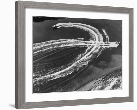 Aerial View of Waterskiers and Motorboats Speeding across the Pacific Ocean at Marine Stadium-Margaret Bourke-White-Framed Photographic Print