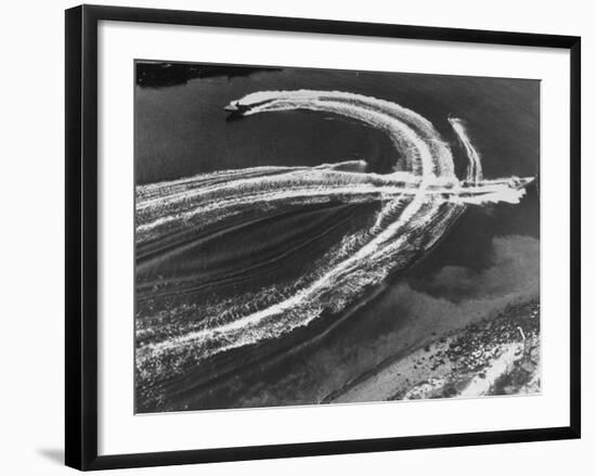 Aerial View of Waterskiers and Motorboats Speeding across the Pacific Ocean at Marine Stadium-Margaret Bourke-White-Framed Photographic Print