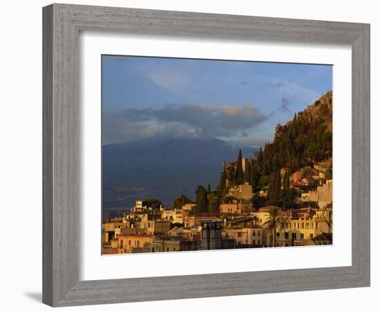 Aerial View over Town of Taormina at Dusk, Including Mount Etna, 3340M, in Distance, Sicily, Italy-Maxwell Duncan-Framed Photographic Print