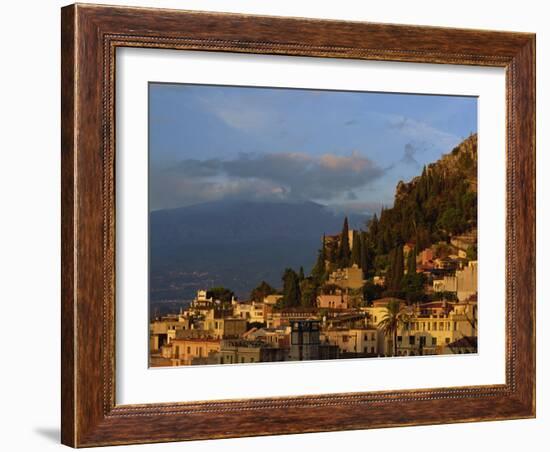 Aerial View over Town of Taormina at Dusk, Including Mount Etna, 3340M, in Distance, Sicily, Italy-Maxwell Duncan-Framed Photographic Print