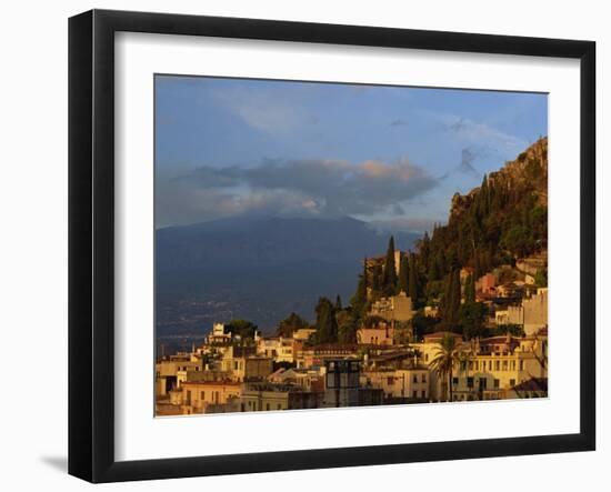 Aerial View over Town of Taormina at Dusk, Including Mount Etna, 3340M, in Distance, Sicily, Italy-Maxwell Duncan-Framed Photographic Print