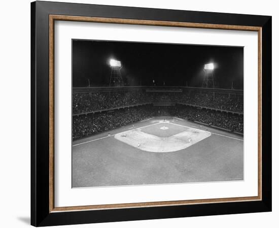 Aerial View Showing the Brooklyn Dodgers vs. St. Louis Cardinals Baseball Game at Ebbets Field-David Scherman-Framed Photographic Print