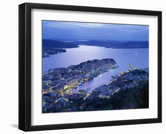 Aerial View the Harbour and City of Bergen at Dusk, Norway, Scandinavia, Europe-null-Framed Photographic Print