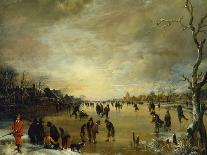 Winter Landscape with Skaters on a Frozen River-Aert van der Neer-Giclee Print