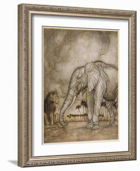 Aesop, Lion and Elephant-Arthur Rackham-Framed Art Print