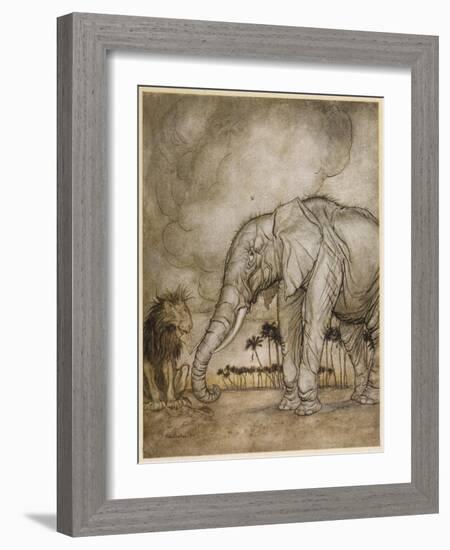 Aesop, Lion and Elephant-Arthur Rackham-Framed Art Print