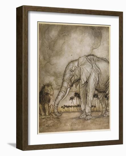 Aesop, Lion and Elephant-Arthur Rackham-Framed Art Print