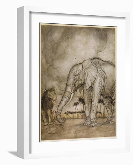 Aesop, Lion and Elephant-Arthur Rackham-Framed Art Print