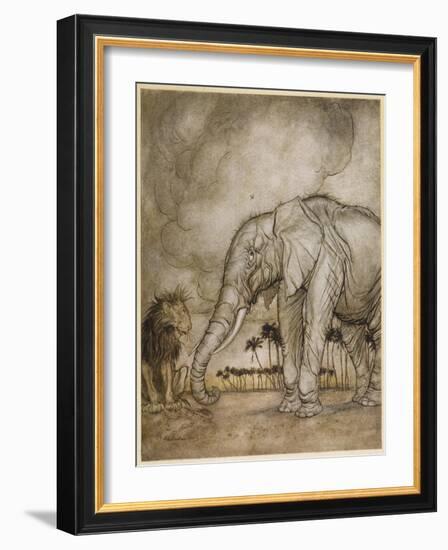 Aesop, Lion and Elephant-Arthur Rackham-Framed Art Print