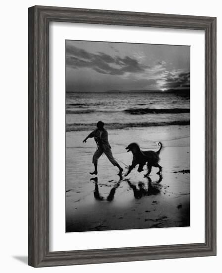 Afghan Dog Roaming across Beach with Girl at Sundown, During Preparation for Westminister Show-George Silk-Framed Photographic Print