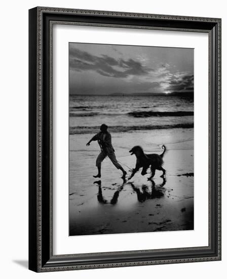 Afghan Dog Roaming across Beach with Girl at Sundown, During Preparation for Westminister Show-George Silk-Framed Photographic Print