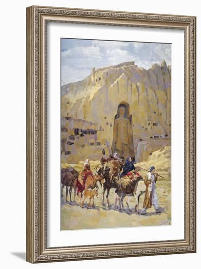 Afghan Nomad Family in Front of One of Two Buddhas of Bamiyan, 1950-null-Framed Giclee Print