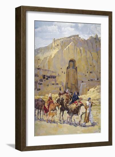 Afghan Nomad Family in Front of One of Two Buddhas of Bamiyan, 1950-null-Framed Giclee Print