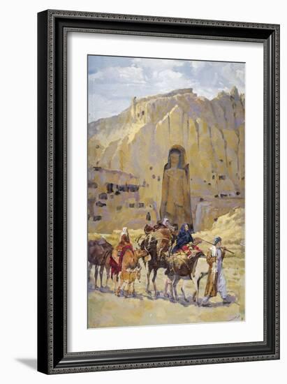 Afghan Nomad Family in Front of One of Two Buddhas of Bamiyan, 1950-null-Framed Giclee Print