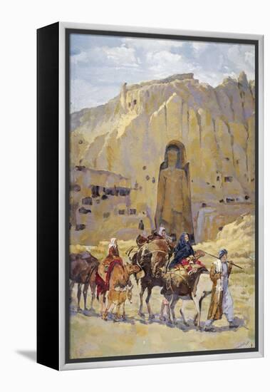 Afghan Nomad Family in Front of One of Two Buddhas of Bamiyan, 1950-null-Framed Premier Image Canvas