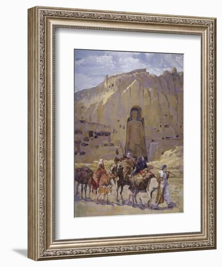 Afghan Nomad Family in Front of the Buddhas of Bamiyan, 1950-null-Framed Giclee Print