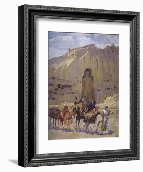 Afghan Nomad Family in Front of the Buddhas of Bamiyan, 1950-null-Framed Giclee Print