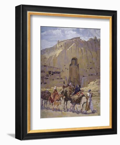 Afghan Nomad Family in Front of the Buddhas of Bamiyan, 1950-null-Framed Giclee Print