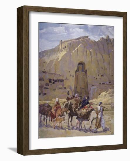 Afghan Nomad Family in Front of the Buddhas of Bamiyan, 1950-null-Framed Giclee Print