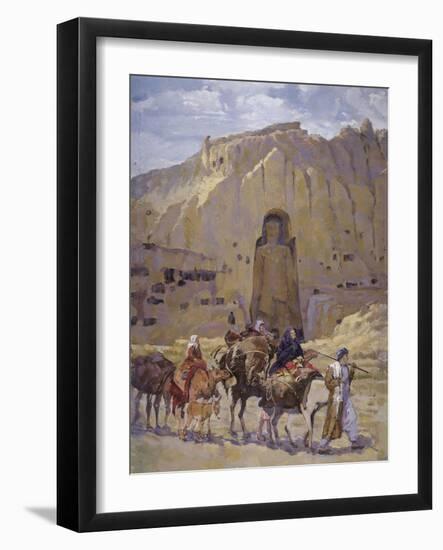 Afghan Nomad Family in Front of the Buddhas of Bamiyan, 1950-null-Framed Giclee Print