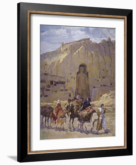 Afghan Nomad Family in Front of the Buddhas of Bamiyan, 1950-null-Framed Giclee Print