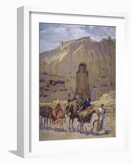 Afghan Nomad Family in Front of the Buddhas of Bamiyan, 1950-null-Framed Giclee Print