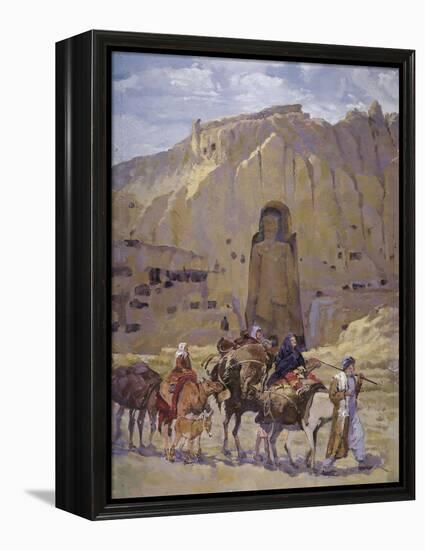 Afghan Nomad Family in Front of the Buddhas of Bamiyan, 1950-null-Framed Premier Image Canvas