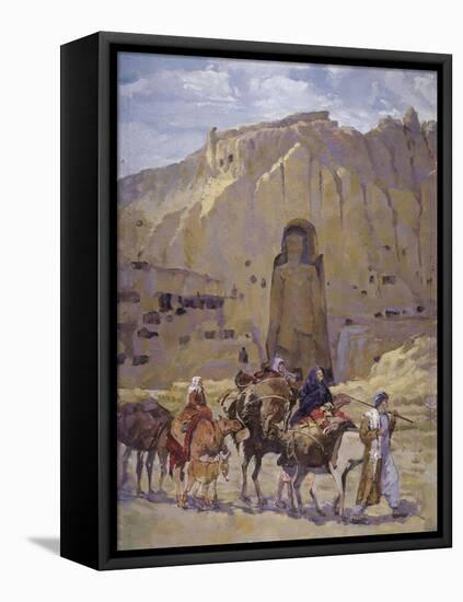 Afghan Nomad Family in Front of the Buddhas of Bamiyan, 1950-null-Framed Premier Image Canvas