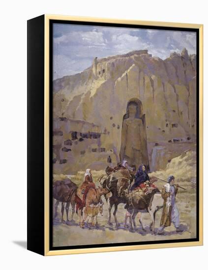 Afghan Nomad Family in Front of the Buddhas of Bamiyan, 1950-null-Framed Premier Image Canvas