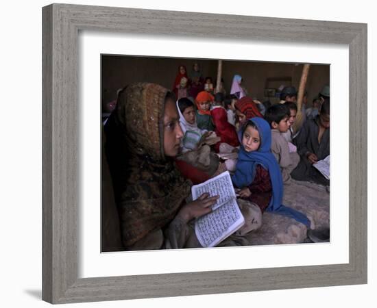 Afghan Refugee Children Holding Copies of the Quran, Repeat after their Teacher-null-Framed Photographic Print