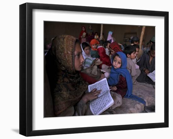 Afghan Refugee Children Holding Copies of the Quran, Repeat after their Teacher-null-Framed Photographic Print