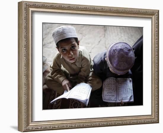 Afghan Refugee Children Read Verses of the Quran During a Daily Class at a Mosque in Pakistan-null-Framed Photographic Print