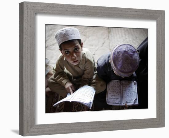 Afghan Refugee Children Read Verses of the Quran During a Daily Class at a Mosque in Pakistan-null-Framed Photographic Print