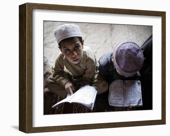 Afghan Refugee Children Read Verses of the Quran During a Daily Class at a Mosque in Pakistan-null-Framed Photographic Print