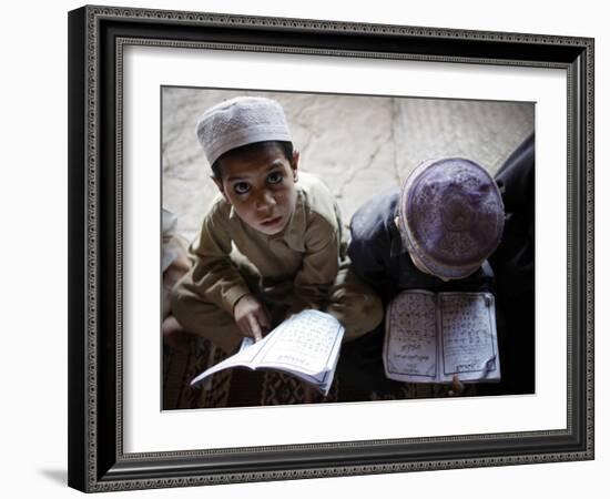 Afghan Refugee Children Read Verses of the Quran During a Daily Class at a Mosque in Pakistan-null-Framed Photographic Print