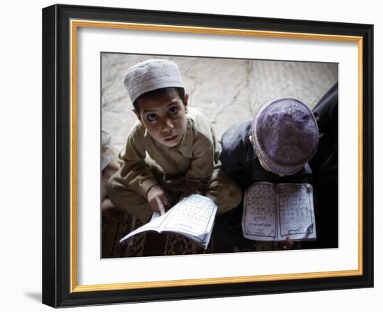 Afghan Refugee Children Read Verses of the Quran During a Daily Class at a Mosque in Pakistan-null-Framed Photographic Print