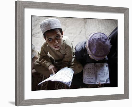 Afghan Refugee Children Read Verses of the Quran During a Daily Class at a Mosque in Pakistan-null-Framed Photographic Print