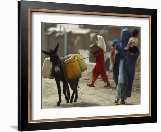 Afghan Woman Walks Along with Donkey Carrying Jerry Cans Filled with Water in Kabul, Afghanistan-null-Framed Photographic Print