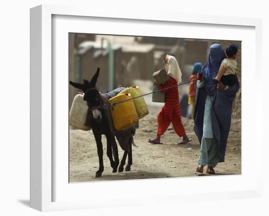 Afghan Woman Walks Along with Donkey Carrying Jerry Cans Filled with Water in Kabul, Afghanistan-null-Framed Photographic Print