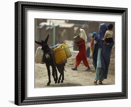 Afghan Woman Walks Along with Donkey Carrying Jerry Cans Filled with Water in Kabul, Afghanistan-null-Framed Photographic Print