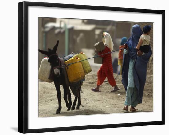 Afghan Woman Walks Along with Donkey Carrying Jerry Cans Filled with Water in Kabul, Afghanistan-null-Framed Photographic Print