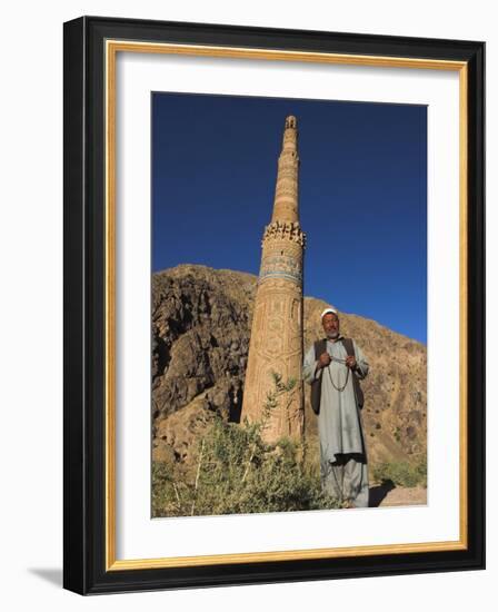 Afghani Man in Front of 12th Century Minaret of Jam, Ghor (Ghur, Afghanistan-Jane Sweeney-Framed Photographic Print
