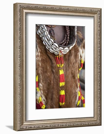 Africa, Ethiopia, South Omo, Hamer tribe. Beadwork on a goatskin cape worn by a Hamer woman.-Ellen Goff-Framed Photographic Print